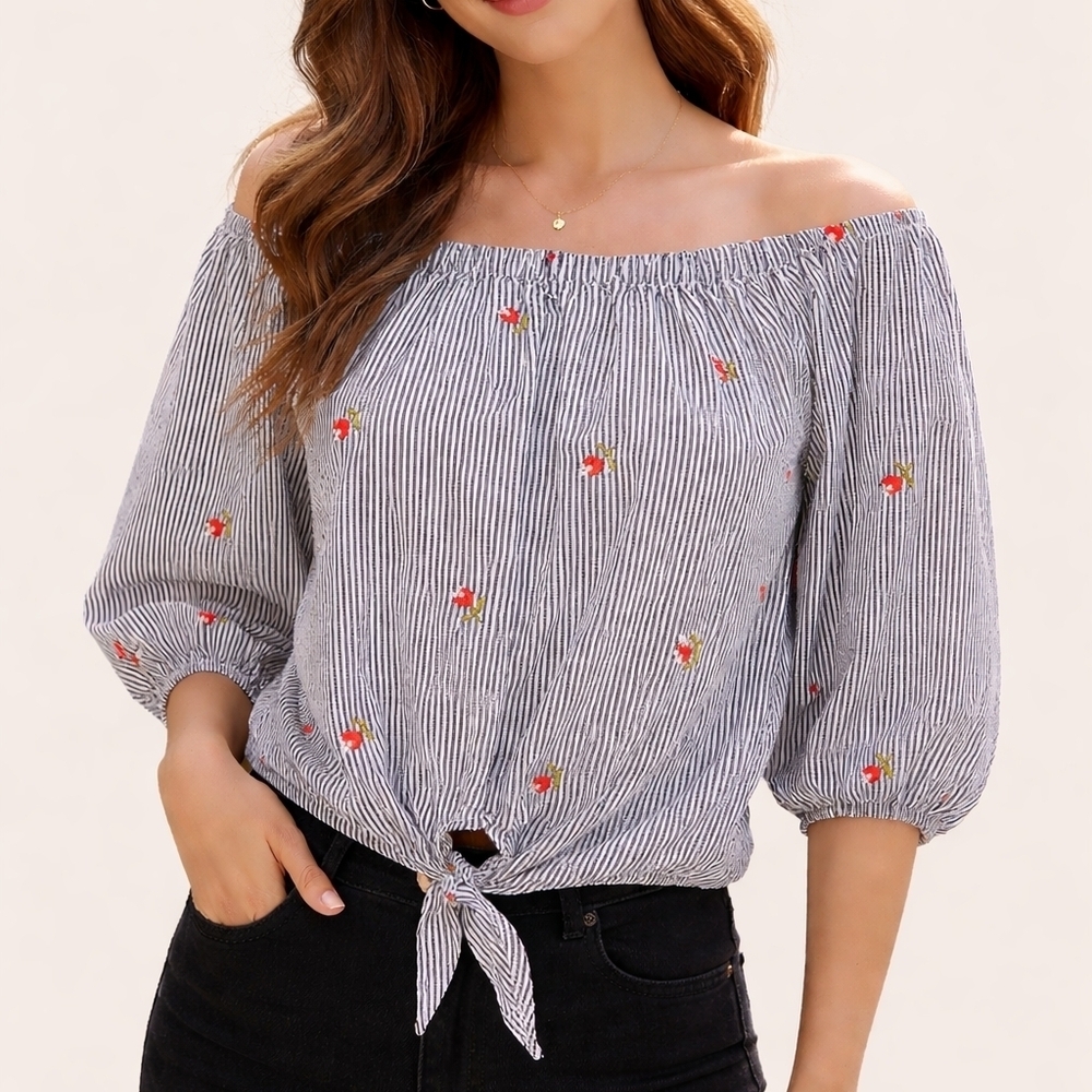 KONTROL Striped Floral Embroidered Off Shoulder Tie Waist Top